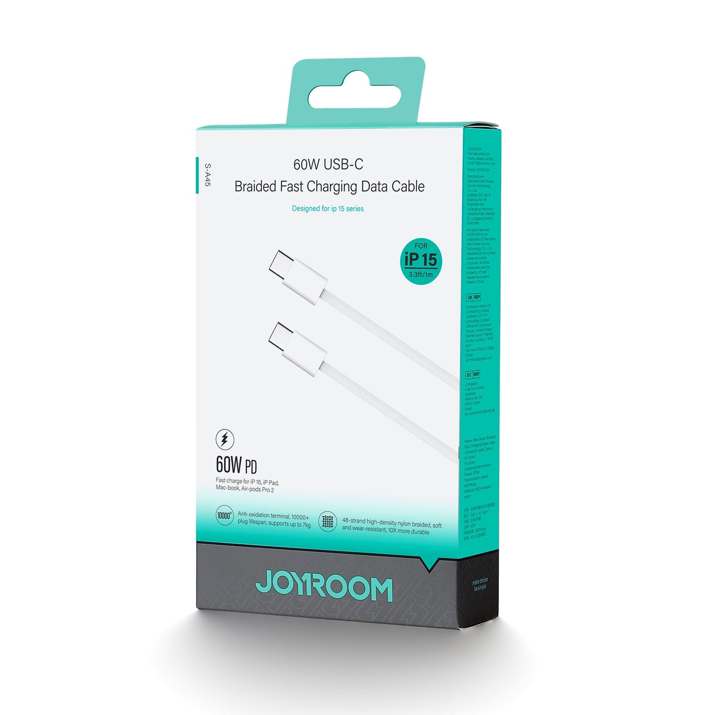 Cavo dati e ricarica USB-C - USB-C Joyroom S-A45, 60W, 1m, bianco 