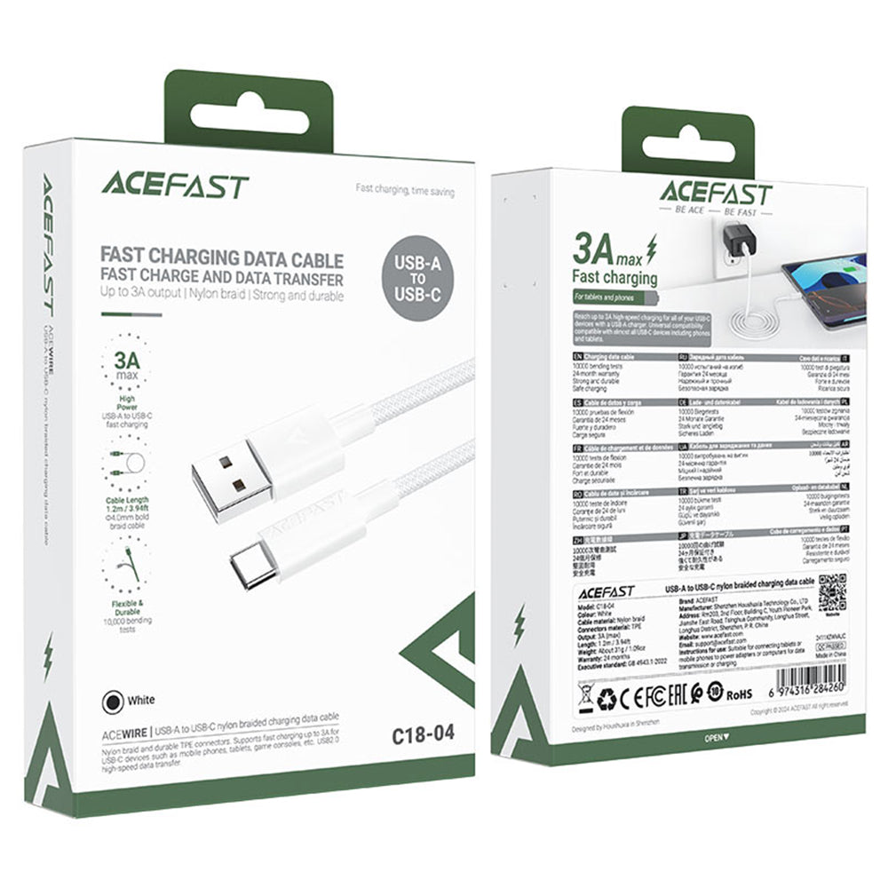 Cavo Dati e Ricarica USB-A - USB-C Acefast C18-04, 18W, 1.2m, Bianco