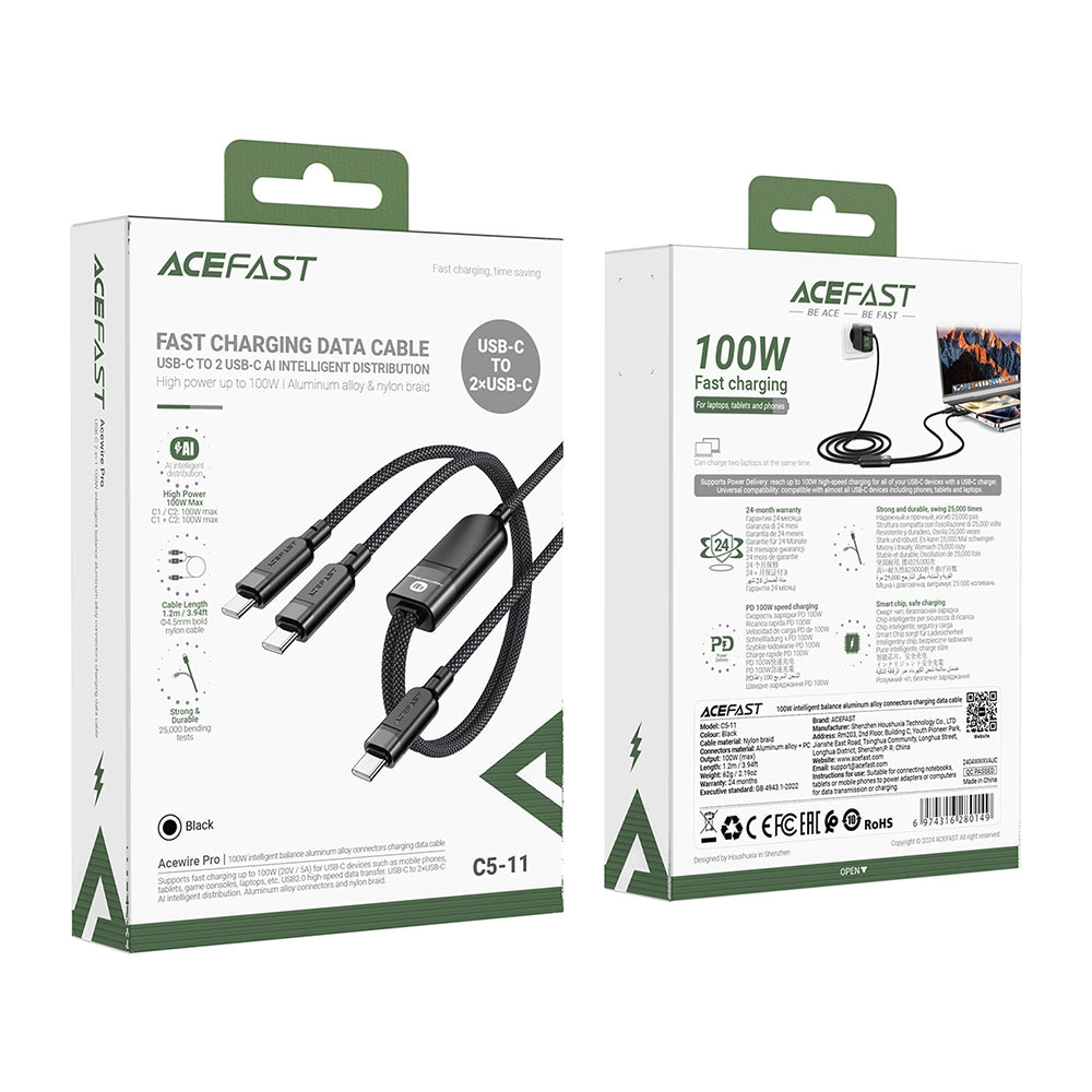 Cavo Dati e Ricarica USB-C - 2 x USB-C Acefast C5-11, 100W, 1.2m, Nero