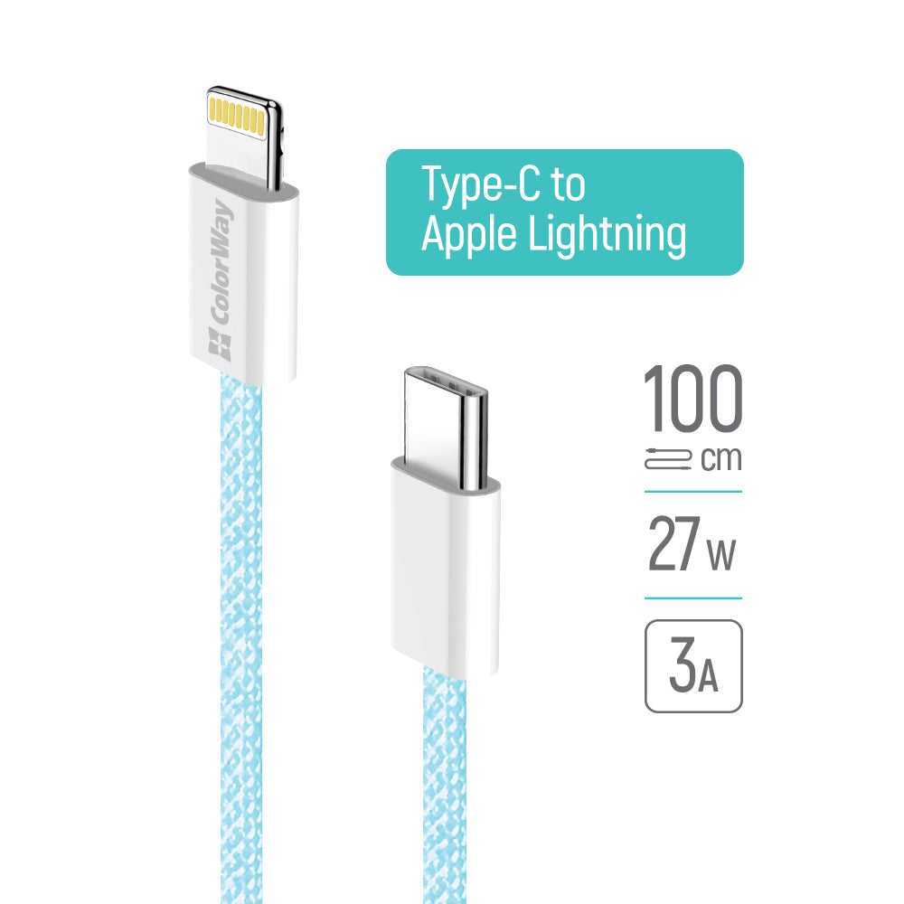 USB-C to Lightning Data and Charging Cable ColorWay CW-CBPDCL061, 27W, 1m, Blue