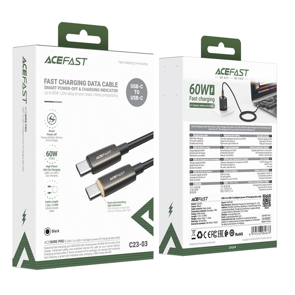Cavo Dati e Ricarica USB-C - USB-C Acefast C23-03, 60W, 1.2m, Nero