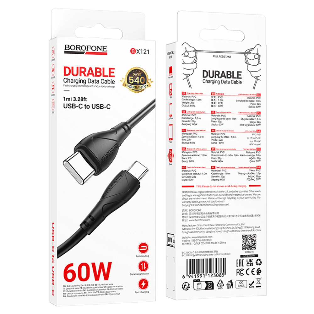 Cavo Dati e Ricarica USB-C - USB-C Borofone BX121 Energy, 60W, 1m, Nero