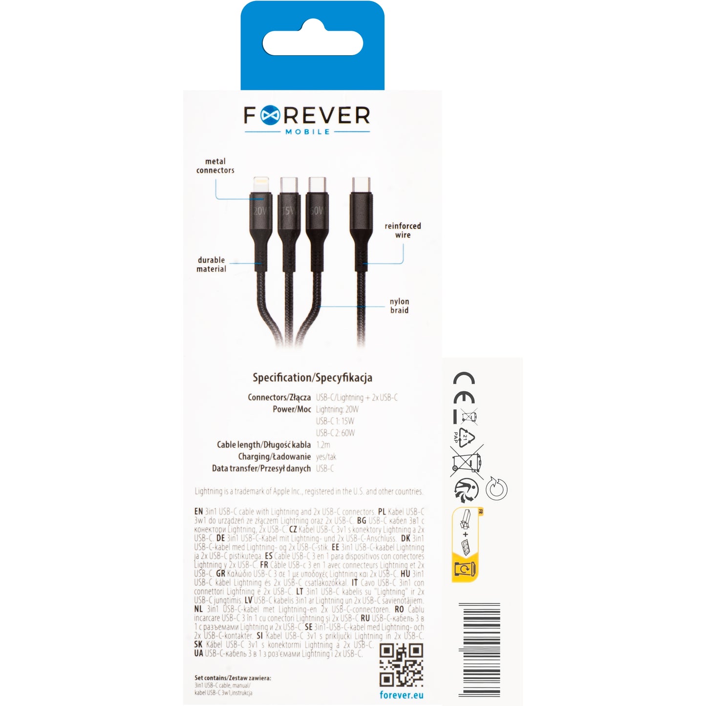 Cavo di ricarica Forever 3in1 USB-A - Lightning / 2 x USB-C Forever 3in1, 60W, 1,2 m, nero