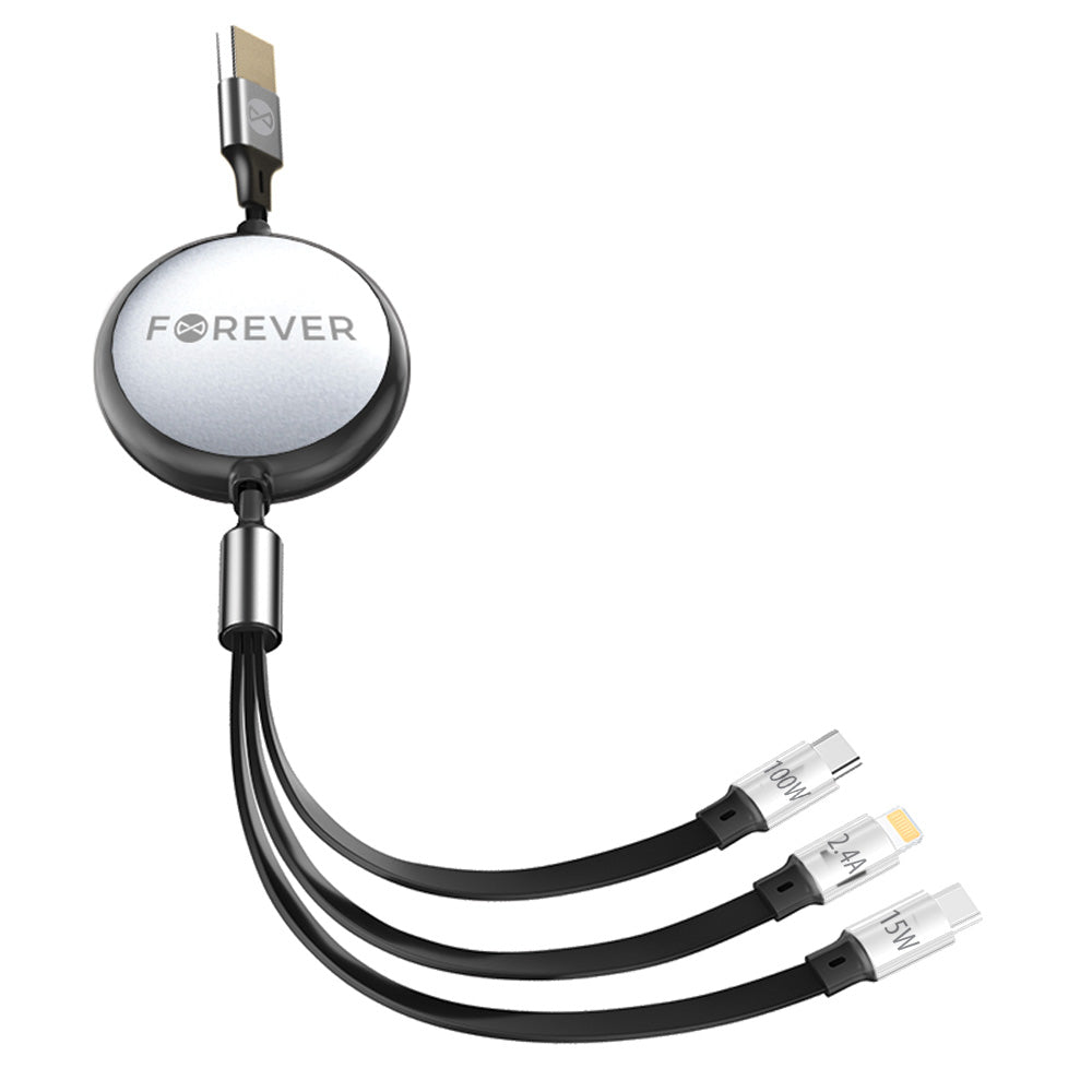 Cavo di ricarica Forever 3in1 USB-A - Lightning / 2 x USB-C Forever 3in1, 100W, 1,2 m, nero