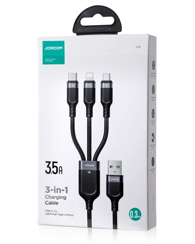 Cavo di Ricarica USB-A - Lightning / microUSB / USB-C Joyroom S-A18 3in1, 20W, 0.3m, Nero