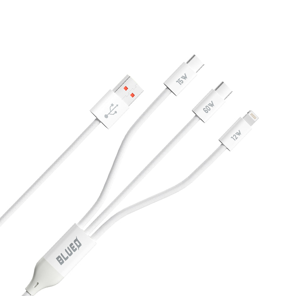 USB-A to Lightning / 2 x USB-C Blueo Charging Cable, 75W, 1.2m, White