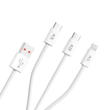 USB-A to Lightning / 2 x USB-C Blueo Charging Cable, 75W, 1.2m, White