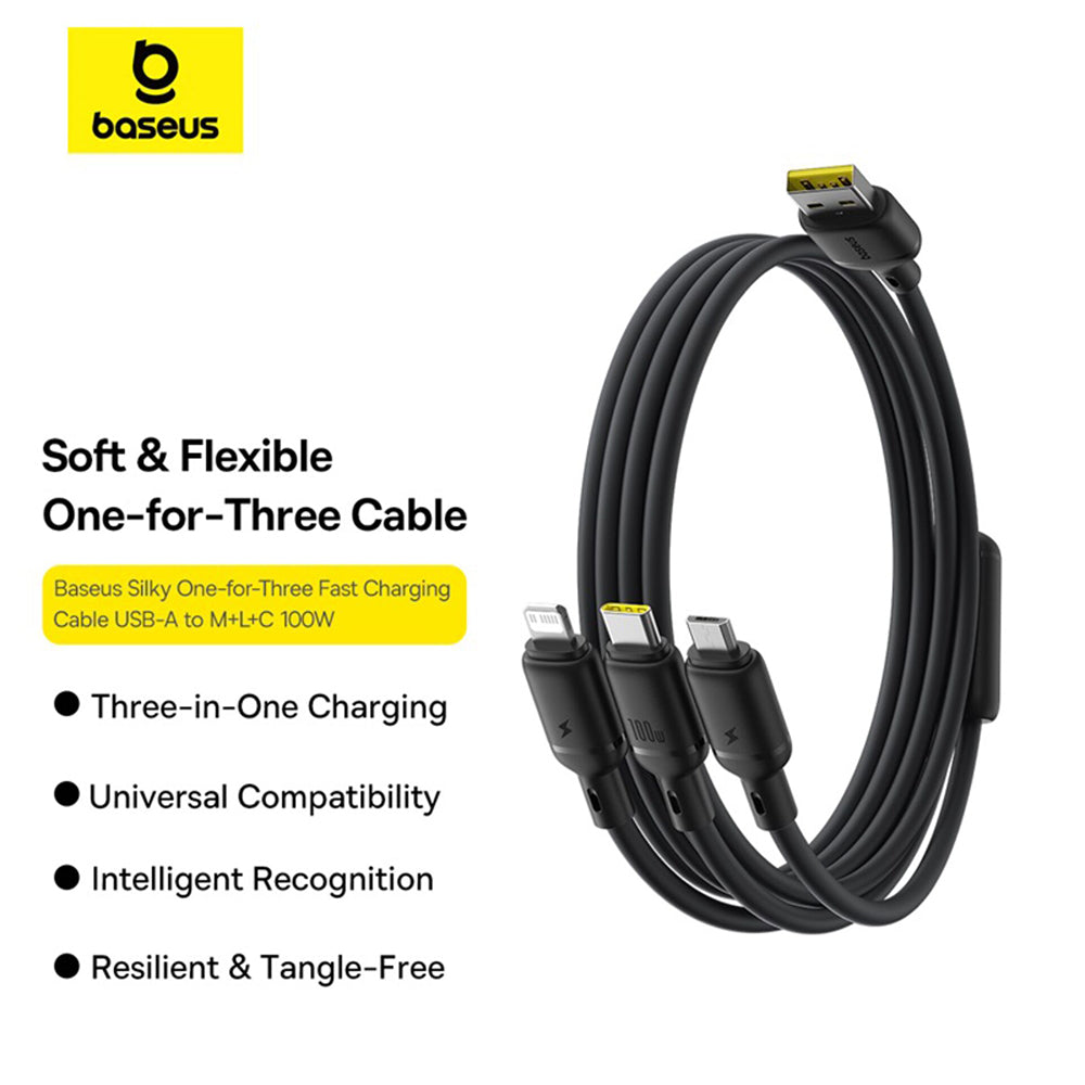 Cavo di Ricarica USB-A - Lightning / microUSB / USB-C Baseus Silky 3in1, 100W, 1.5m, Nero P10377705123-00