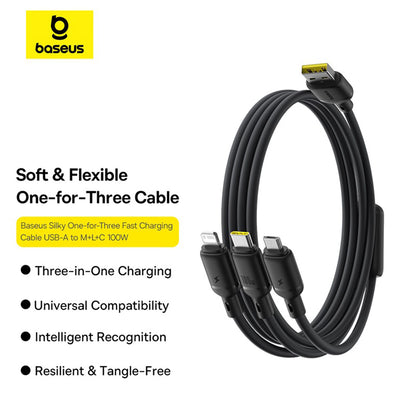 Cavo di Ricarica USB-A - Lightning / microUSB / USB-C Baseus Silky 3in1, 100W, 1.5m, Nero P10377705123-00