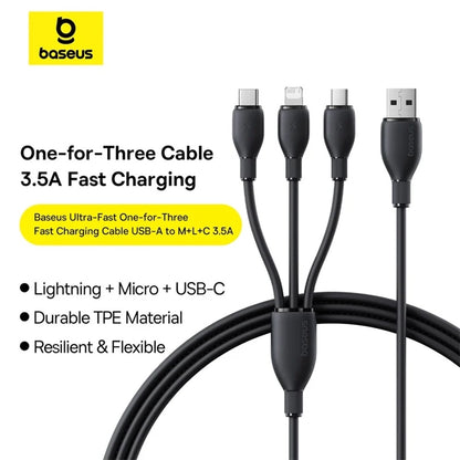 Cavo di Ricarica USB-A - Lightning / microUSB / USB-C Baseus Ultra Fast 3in1, 18W, 1.3m, Nero P10376303121-00