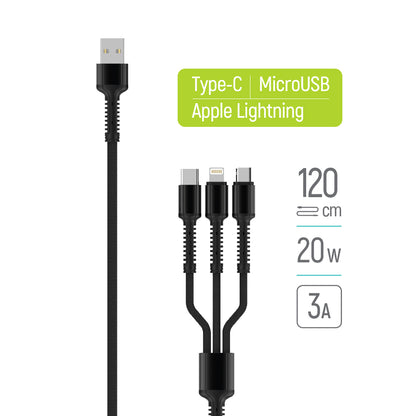 USB-A Charging Cable - Lightning / microUSB / USB-C ColorWay CW-CBU3003, 20W, 1.2m, Gray