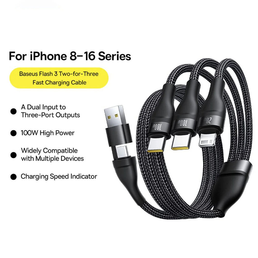 Cavo di Ricarica USB-A / USB-C - Lightning / 2 x USB-C Baseus Flash Series III 3in1, 100W, 1.5m, Nero P10377800U01-00
