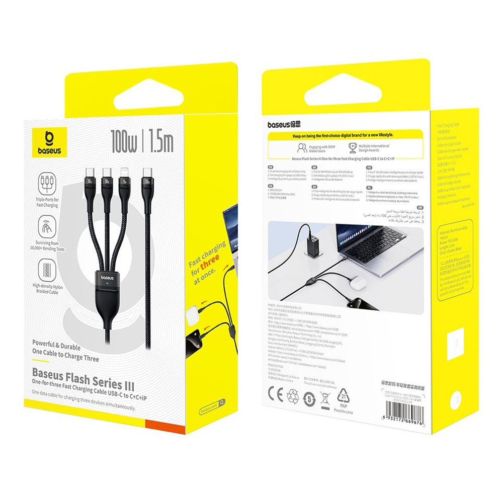Cavo di Ricarica USB-C - Lightning / 2 x USB-C Baseus Flash Series III 3in1, 100W, 1.5m, Nero P10377502111-00