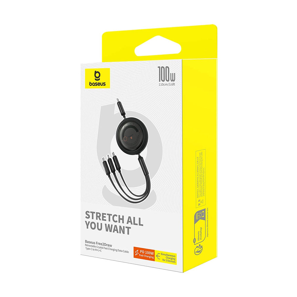 USB-C Charging Cable - Lightning / microUSB / USB-C Baseus Free2Draw Retractable, 100W, 1.1m, Black P10368700111-04