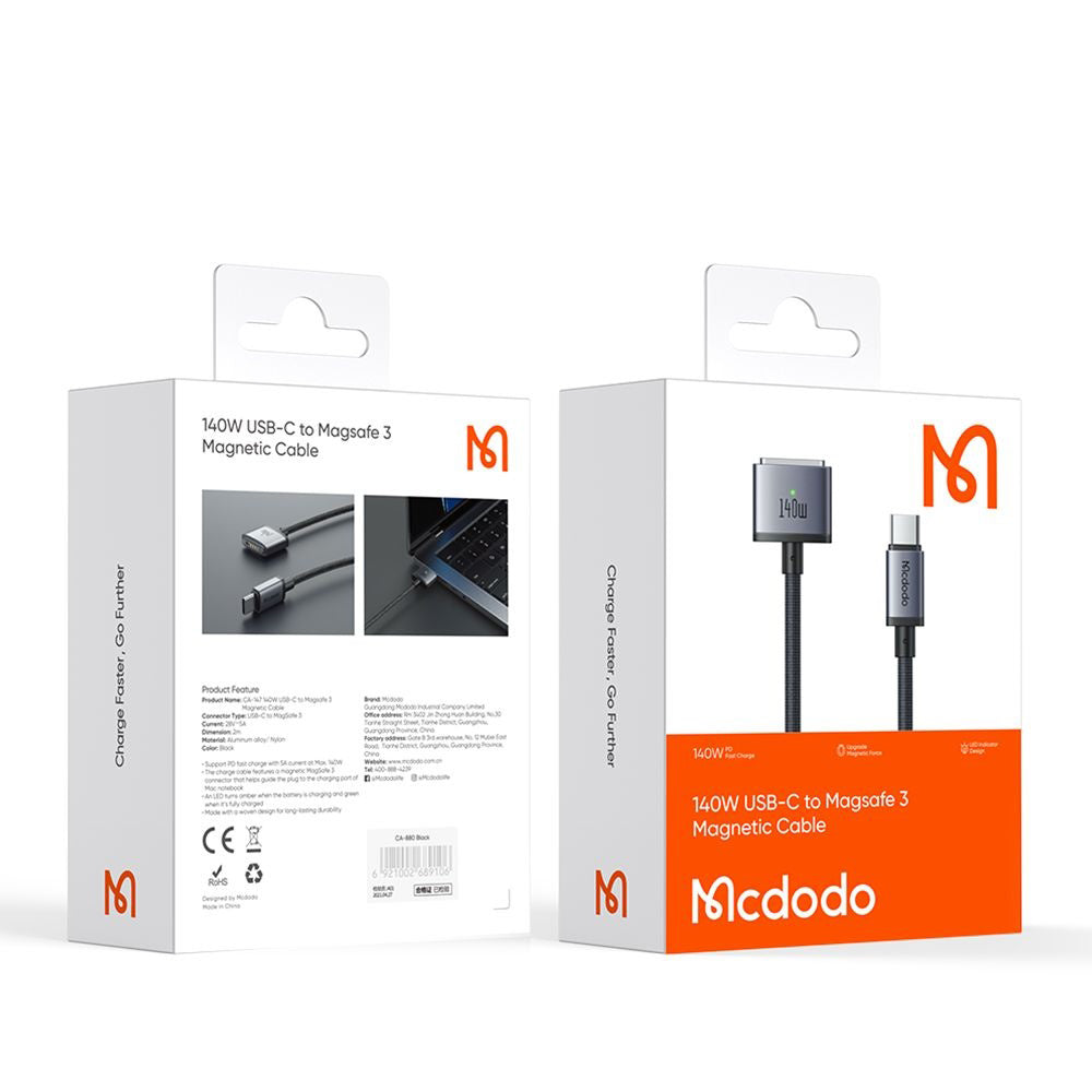 Cavo di Ricarica McDodo CA-1470, USB-C - MagSafe 3, 140W, 2m, Nero