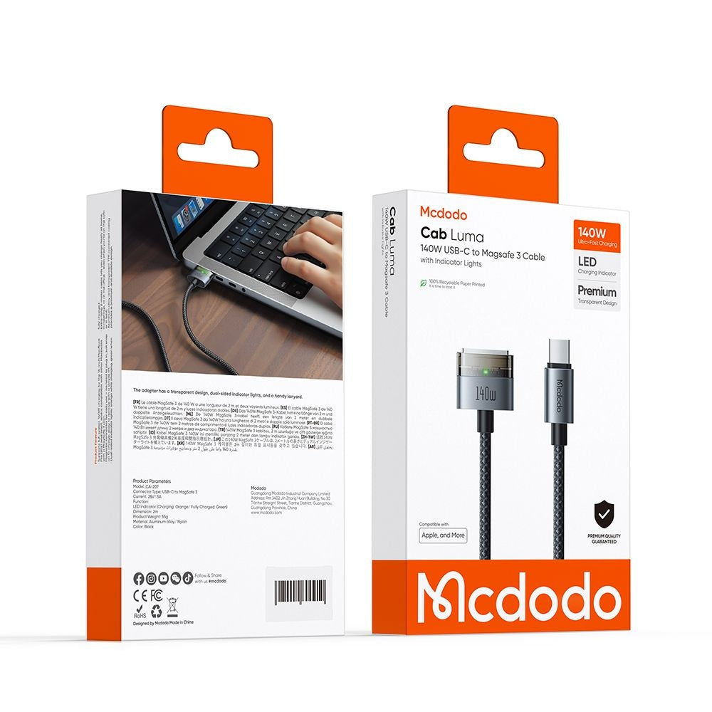 Cavo di Ricarica McDodo CA-2070, USB-C - MagSafe 3, 140W, 2m, Nero