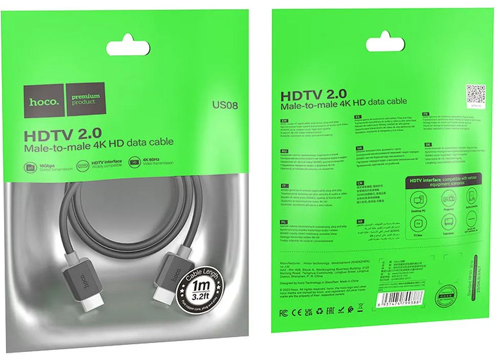 Cavo Video HOCO US08, HDMI - HDMI, 4K, 1m, Nero