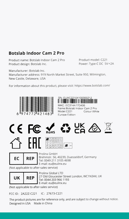 Telecamera di sorveglianza Botslab 2 Pro C221, Wi-Fi, 3K, interno 