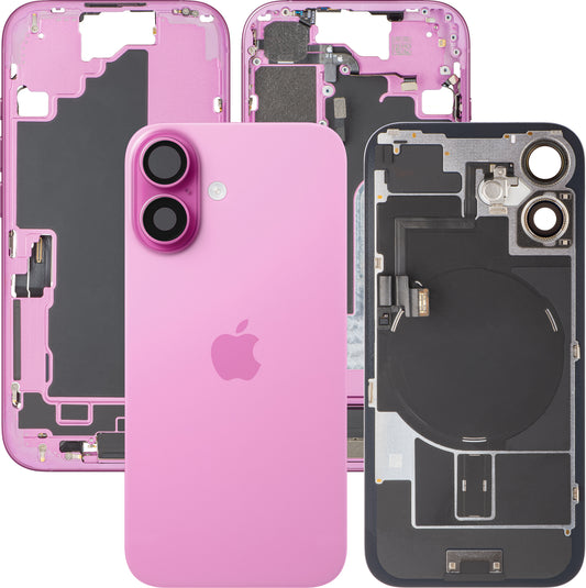 Cover Batteria Apple iPhone 16, Con Scocca Centrale, Parti Complete, Rosa, Swap Premium