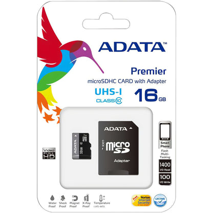 Scheda di memoria microSDHC Adata Premier, 16 Gb, Classe 10 / UHS-1 U1, con adattatore AUSDH16GUICL10-RA1 AUSDH16GUICL10-RA1 