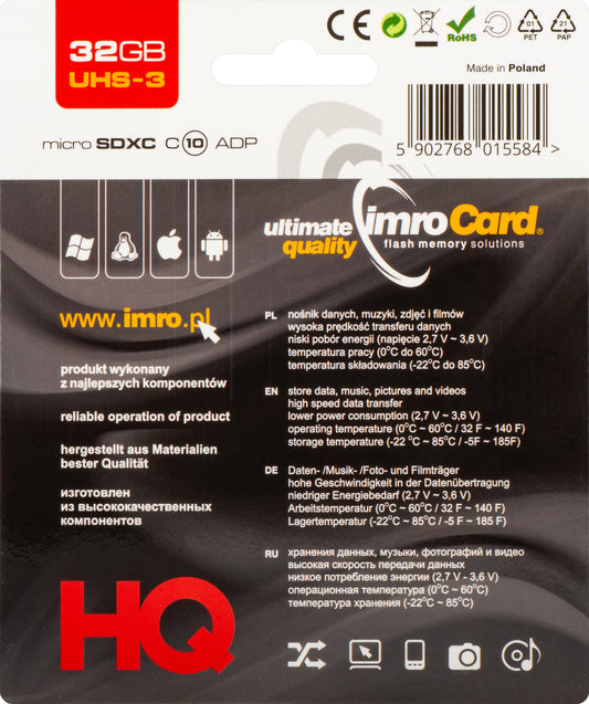 Card Memoria microSDHC Imro, 32Gb, Classe 10 / UHS-1 U3, Con Adattatore