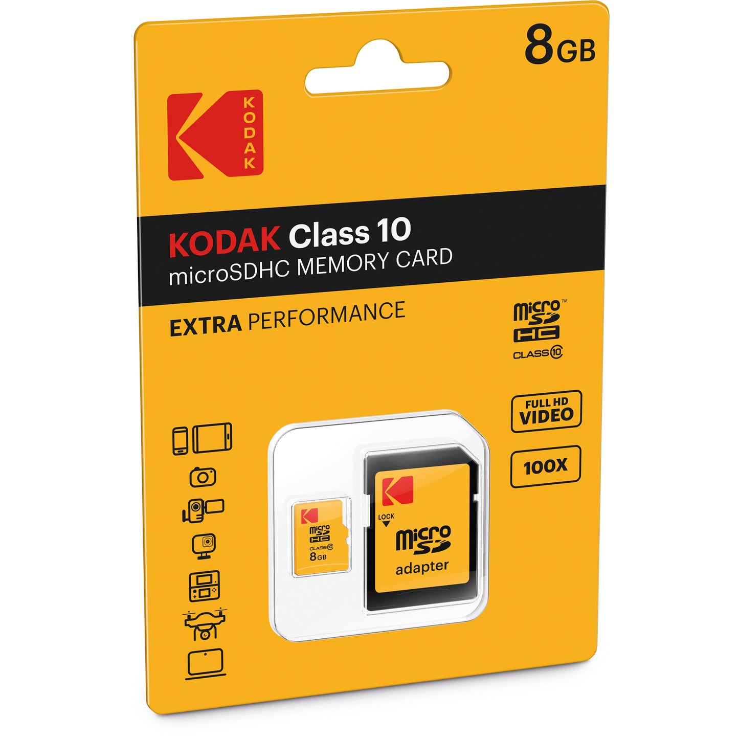 Scheda di memoria microSDHC Kodak Extra Performance, 8Gb, Classe 10, con adattatore EKMSDM8GHC10CK