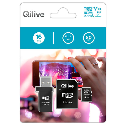 Scheda di memoria microSDHC Qilive, 16Gb, Classe 10, con lettore di schede e adattatore EKMSDM16GHC10QL