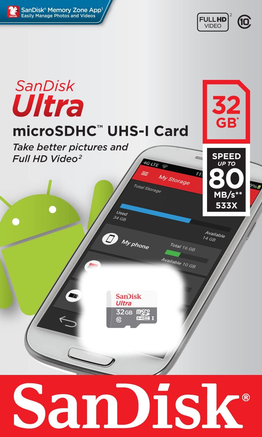 Scheda di memoria microSDHC SanDisk Ultra Android, 32 Gb, Classe 10 / UHS-1 U1 SDSQUNR-032G-GN3MN SDSQUNR-032G-GN3MN