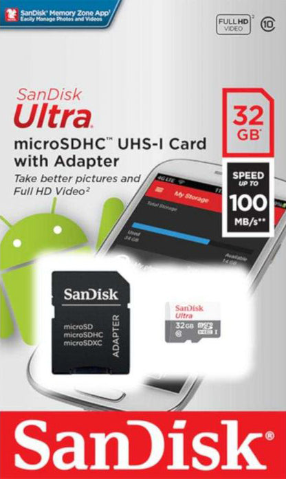 Scheda di Memoria microSDHC SanDisk Ultra, 32Gb, Classe 10, Con Adattatore SDSQUNR-032G-GN3MA