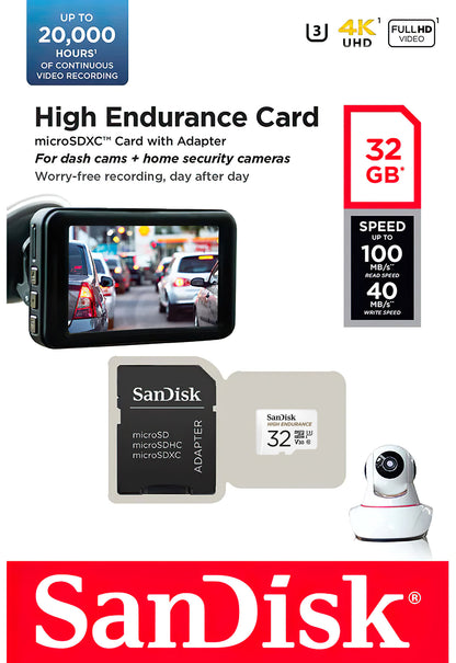 Scheda di memoria microSDHC SanDisk High Endurance, 32Gb, Classe 10 / UHS-1 U3, con adattatore SDSQQNR-032G-GN6IA
