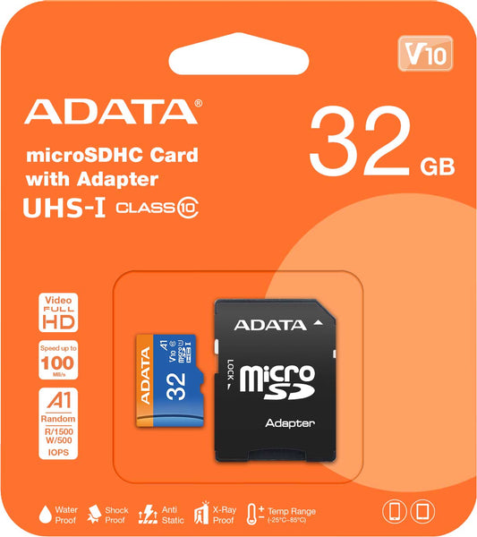 Scheda di memoria microSDXC di Adata, 32 Gb, Classe 10 / UHS-1 U1, con adattatore AUSDH32GUICL10A1-RA1 AUSDH32GUICL10A1-RA1