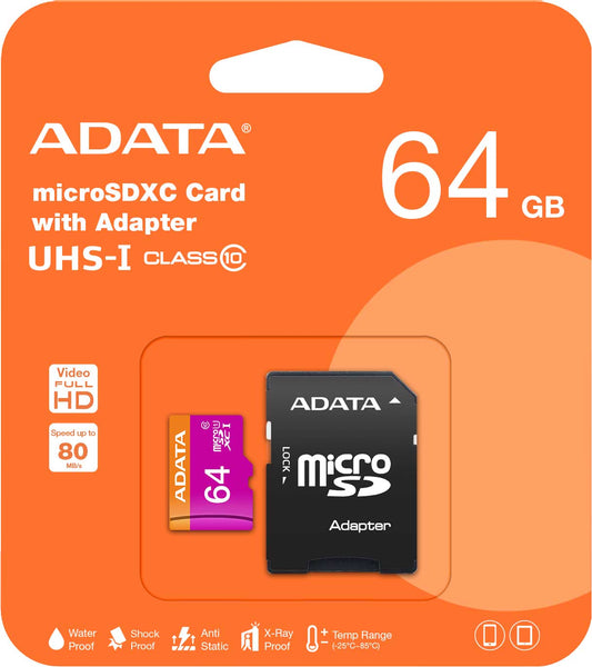 Scheda di memoria microSDXC di Adata, 64 Gb, Classe 10 / UHS-1 U1, con adattatore AUSDX64GUICL10-RA1