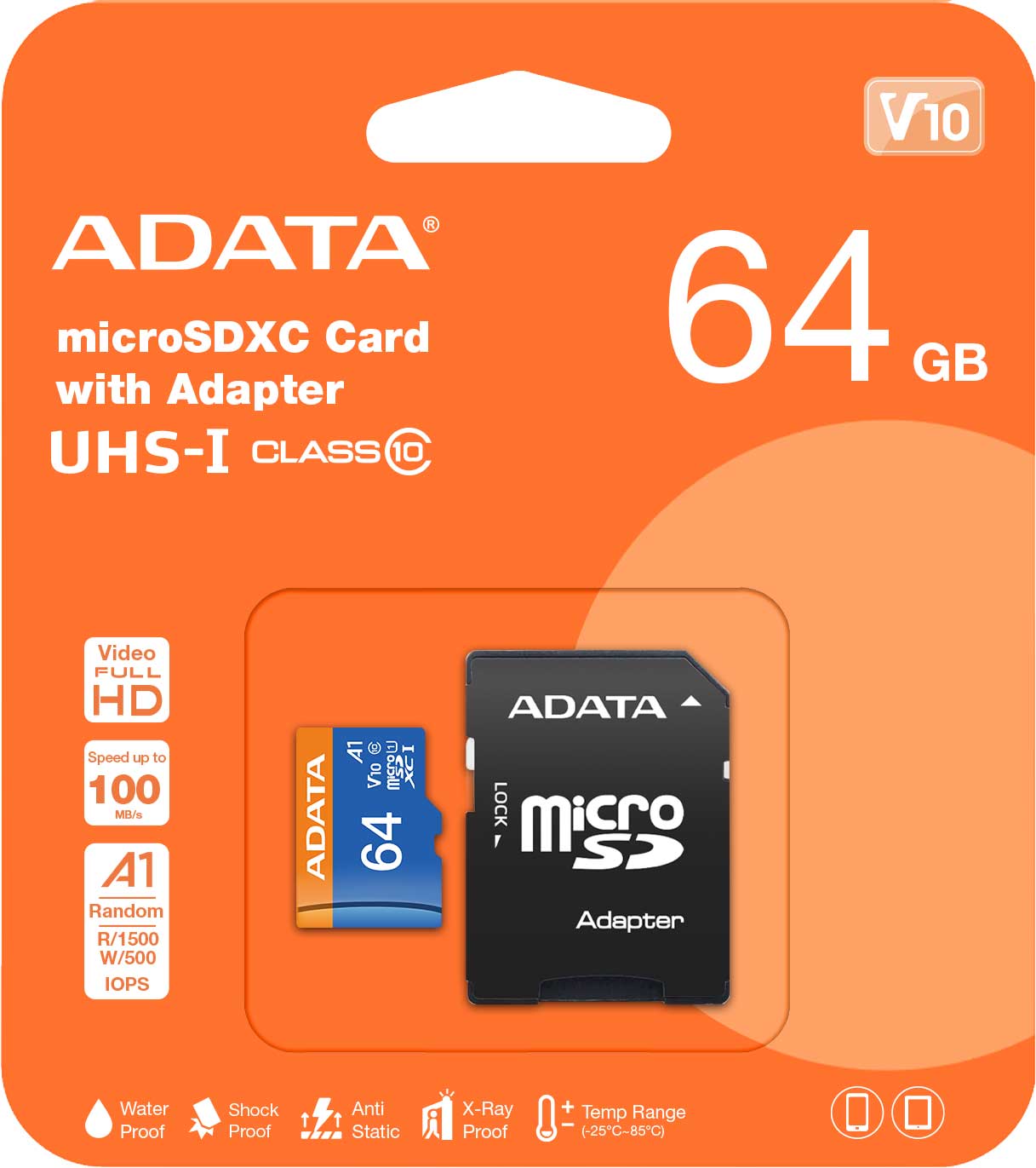 Scheda di memoria microSDXC Adata, 64Gb, Classe 10 / UHS-1 U1, con adattatore AUSDX64GUICL10A1-RA1 AUSDX64GUICL10A1-RA1 