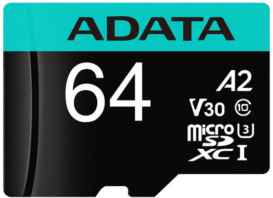 Scheda di Memoria microSDXC Adata Premier Pro, 64Gb, Classe 10 / UHS-1 U3, Con Adattatore AUSDX64GUI3V30SA2-RA1