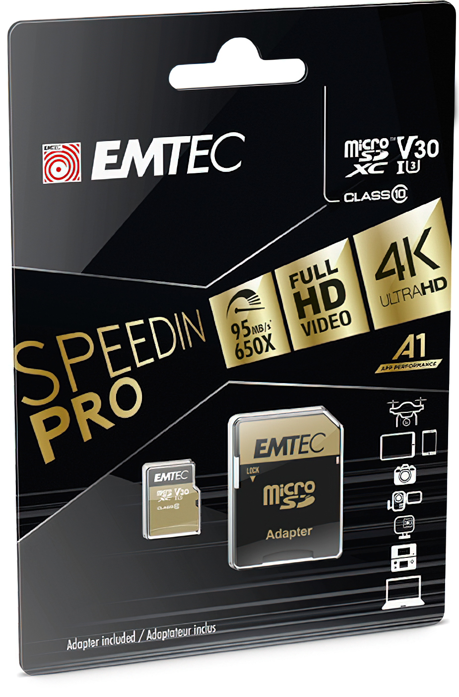 Scheda di memoria microSDXC Emtec Speedin Pro Android A1, 64Gb, Classe 10 / UHS-1 U3, con adattatore ECMSDM64GXC
