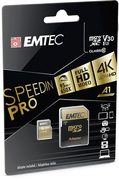 Scheda di memoria microSDXC Emtec Speedin Pro Android A1, 64Gb, Classe 10 / UHS-1 U3, con adattatore ECMSDM64GXC