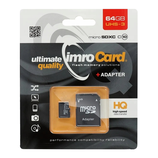 Scheda di memoria microSDXC Imro, 64Gb, Classe 10 / UHS-1 U3, con adattatore