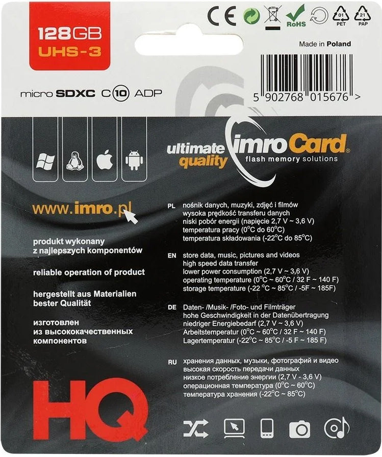 Scheda di Memoria microSDXC Imro, 128Gb, Classe 10 / UHS-1 U3, Con Adattatore