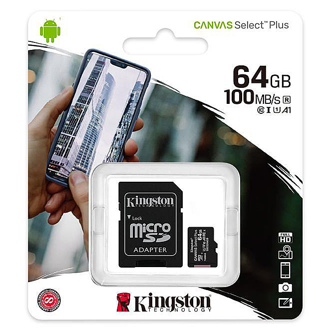 Kingston Canvas Select Plus Android A1, 64Gb, Classe 10 / UHS-1 U1, scheda di memoria microSDXC Kingston Canvas Select Plus Android A1, 64Gb, Classe 10 / UHS-1 U1, con adattatore SDCS2/64GB