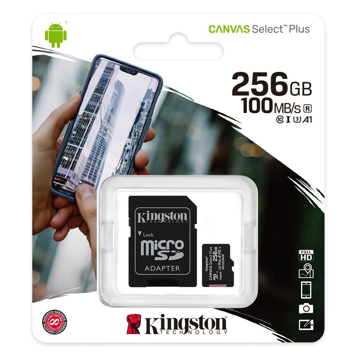 Scheda di memoria microSDXC Kingston Canvas Select Plus Android A1, 256Gb, Classe 10 / UHS-1 U1, con adattatore SDCS2/256GB