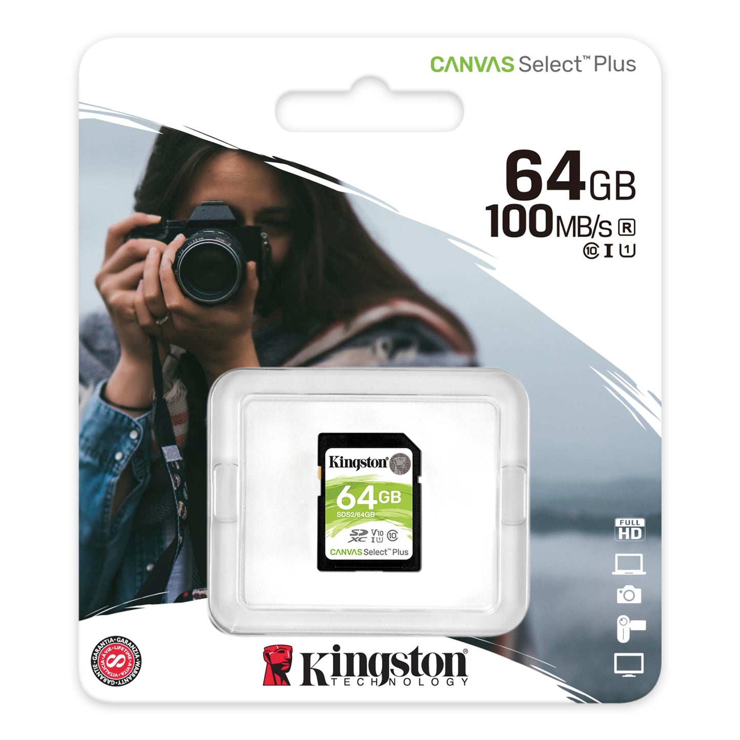 Scheda di memoria SDXC Kingston Canvas Select Plus 100R, 64Gb, Classe 10 / UHS-1 U1 SDS2/64GB 