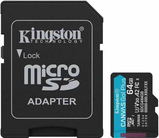 Scheda di Memoria microSDXC Kingston Canvas Go Plus Android A2, 64Gb, Classe 10 / UHS-1 U3, Con Adattatore SDCG4/64GB