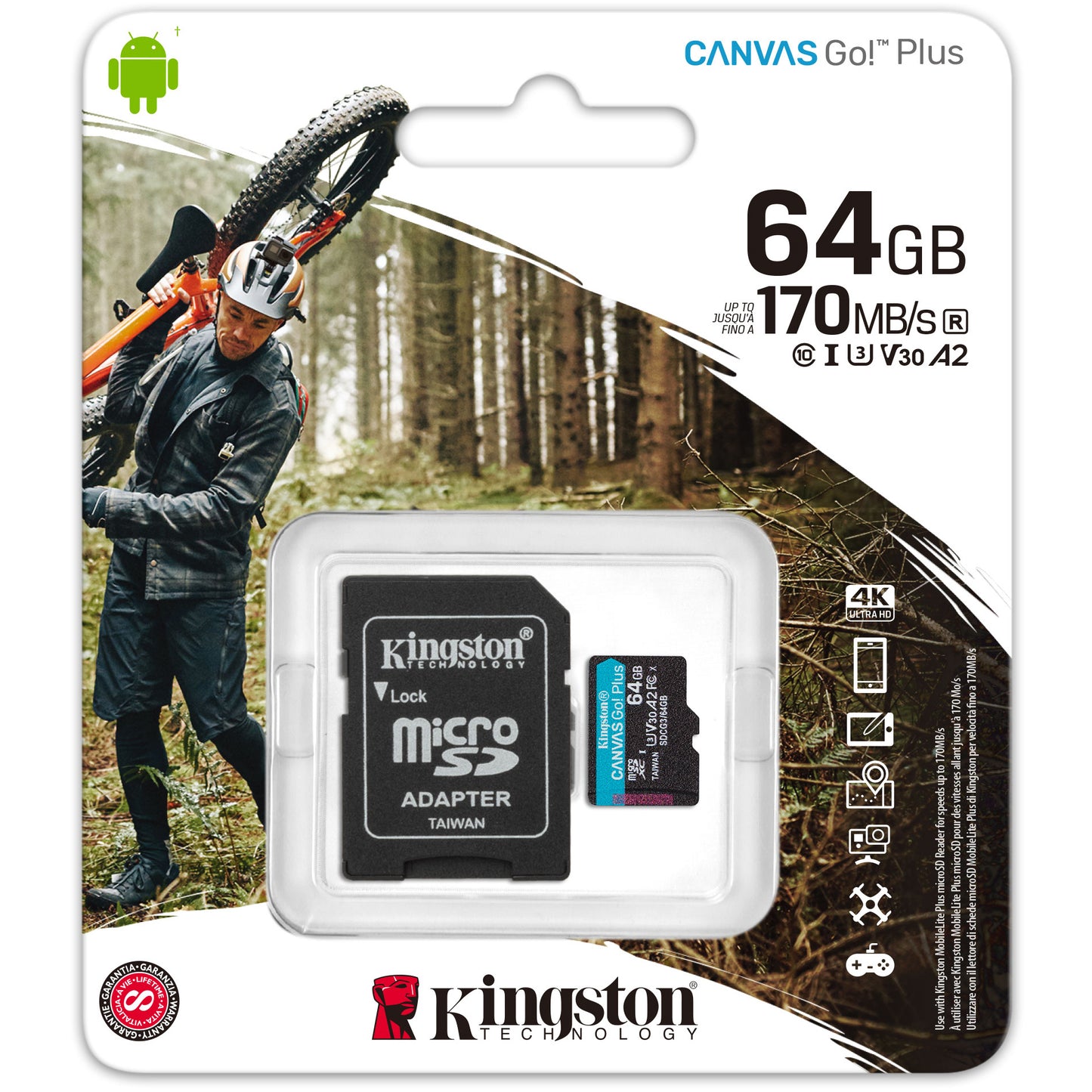 Kingston Canvas Go Plus Scheda di memoria microSDXC Kingston Canvas Go Plus, 64 Gb, Classe 10 / UHS-1 U3, con adattatore SDCG3/64GB