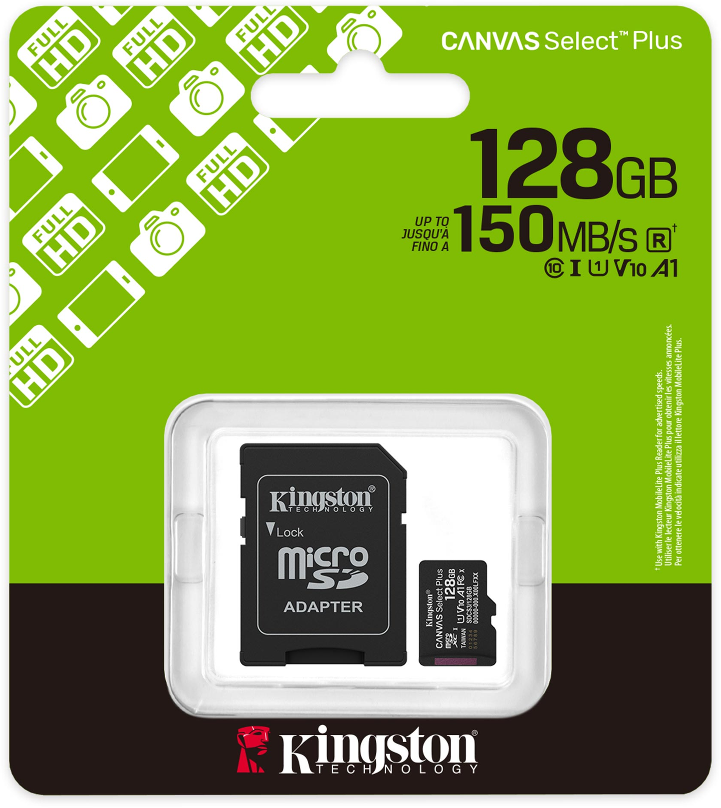Scheda di Memoria microSDXC Kingston Canvas Select Plus Android A1, 128Gb, Classe 10 / UHS-1 U1, Con Adattatore SDCS3/128GB