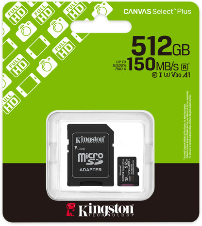 Scheda di Memoria microSDXC Kingston Canvas Select Plus Android A1, 512Gb, Classe 10 / UHS-1 U3, Con Adattatore SDCS3/512GB