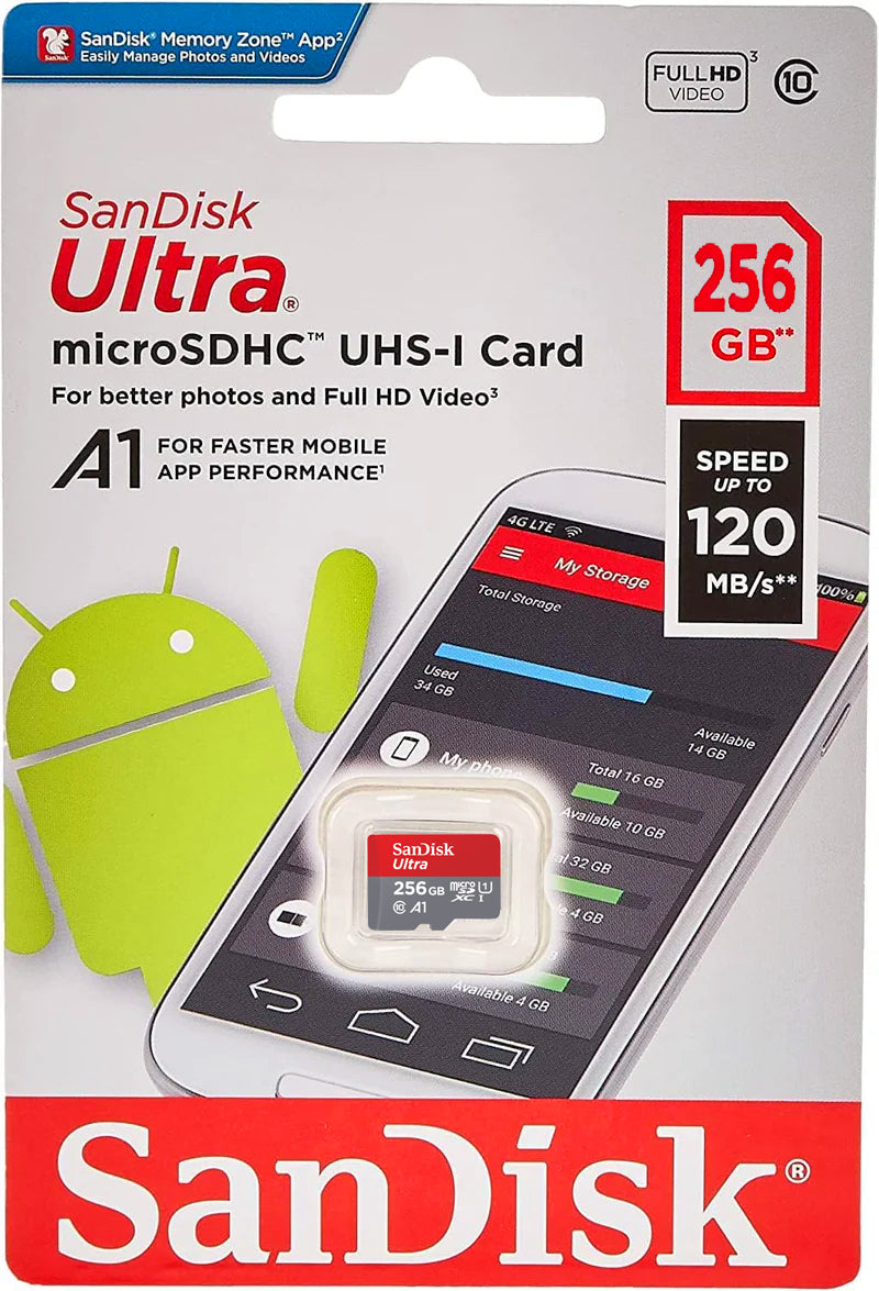 Scheda di Memoria microSDXC SanDisk Ultra Android A1, 256Gb, Classe 10 / UHS-1 U1 SDSQUAC-256G-GN6MN