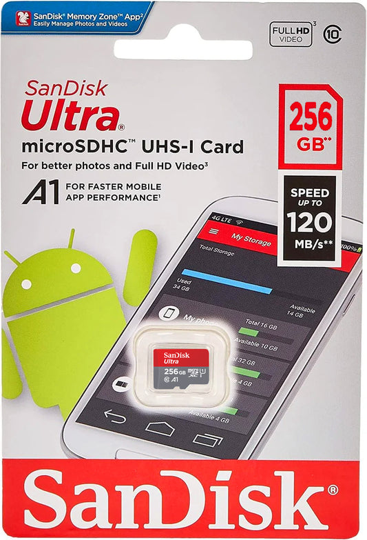 Scheda di Memoria microSDXC SanDisk Ultra Android A1, 256Gb, Classe 10 / UHS-1 U1 SDSQUAC-256G-GN6MN