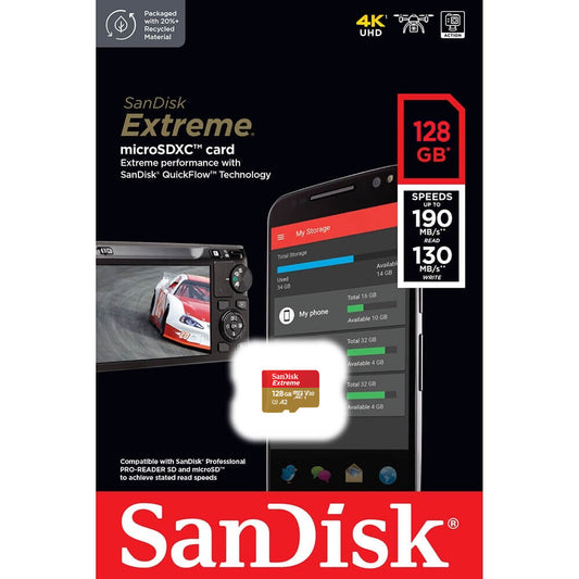 Scheda di memoria SanDisk Extreme microSDXC, 128 Gb, Classe 10 / UHS-1 U3 SDSQXAA-128G-GN6MN 