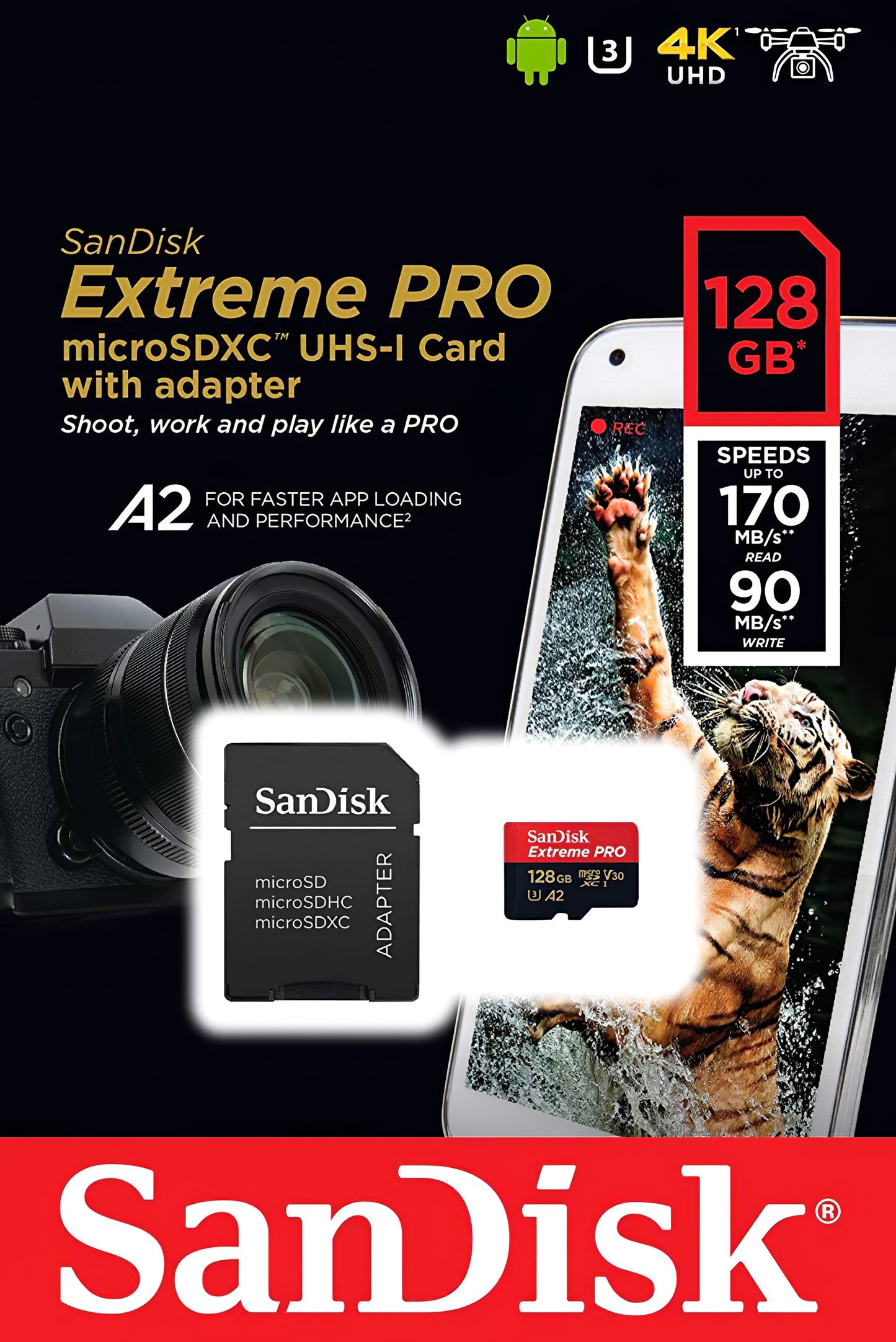 Scheda di Memoria microSDXC SanDisk Extreme Pro, 128Gb, Classe 10 / UHS-1 U3, Con Adattatore SDSQXCD-128G-GN6MA
