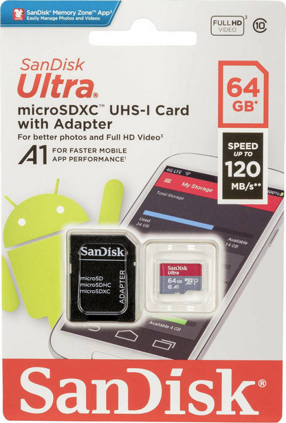 Scheda di Memoria microSDXC SanDisk Ultra Android A1, 64Gb, Classe 10 / UHS-1 U1, Con Adattatore SDSQUAB-064G-GN6MA
